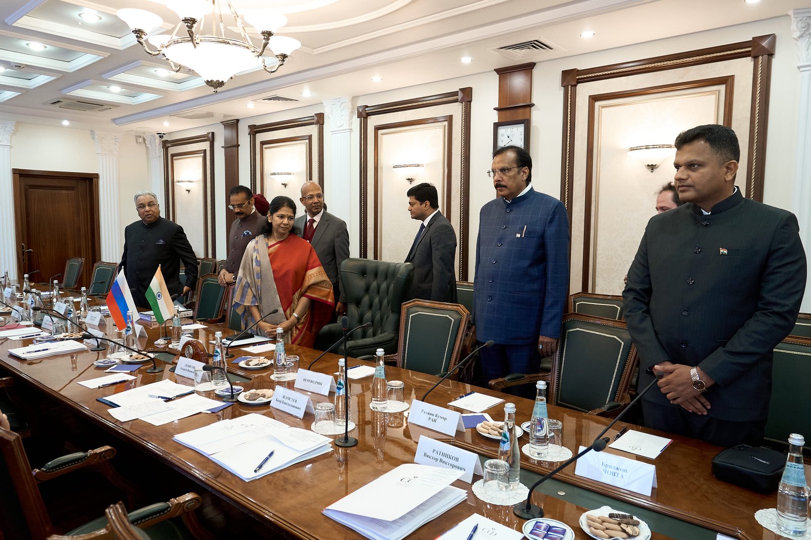 Captain Brijesh Chowta with the All-Party Parliamentary Delegation at a bilateral meeting in Russia, following Operation Sindoor